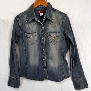 Levis Vintage Shirt Womens Large Denim Pearl Snap Western Jean Top Embroidered L